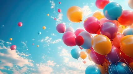 Colorful Balloons Floating in a Sunny Sky with Clouds, Celebration and Joy Concept.