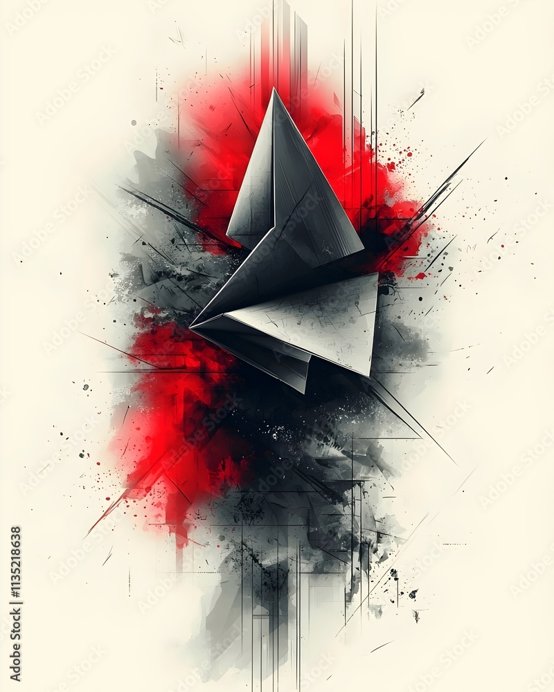Poster an abstract composition featuring sharp, geometric forms in shades of black, red, and gray, creating