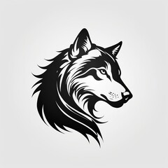 A stylized black and white wolf head.