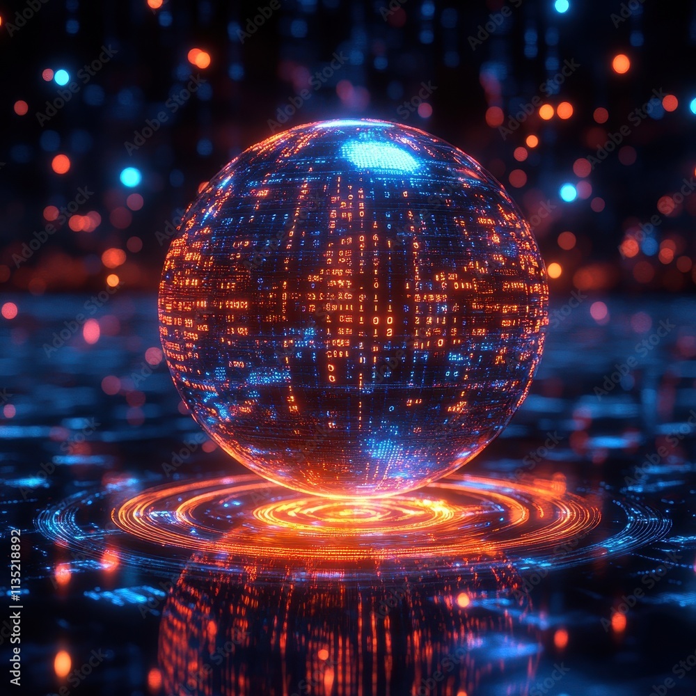 Aufkleber futuristic holographic globe data sphere with neon lights and digital code, abstract technology back