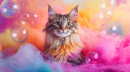 Fluffy Maine Coon cat surrounded by colorful smoke and bubbles.