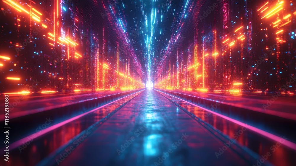 Aufkleber futuristic neon tunnel with abstract glowing lines and particles, dynamic digital background.