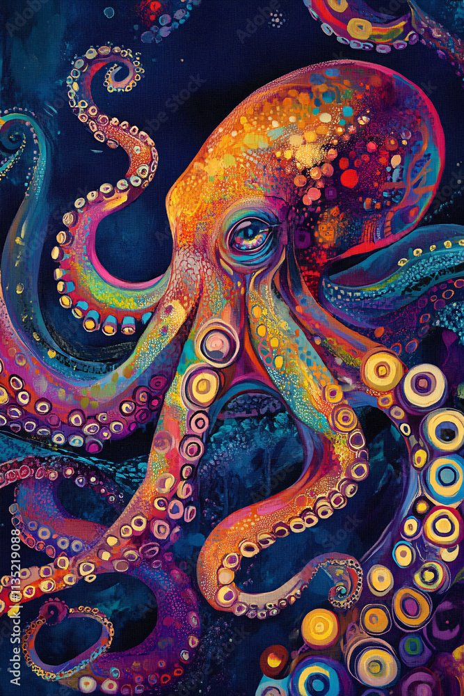 Poster illustration of a vibrant abstract octopus, its tentacles twisting and curling into intricate, flowi