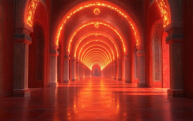 Luminous Red Archway Corridor  Intricate Architectural Design and Glowing Interior of a Mystical Palace or Temple.