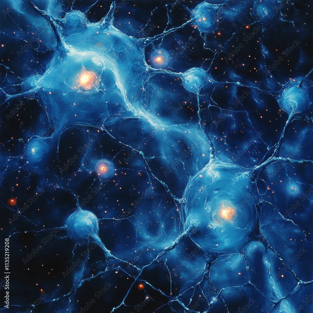 Poster deep space neural network concept with interconnected nodes and glowing particles.