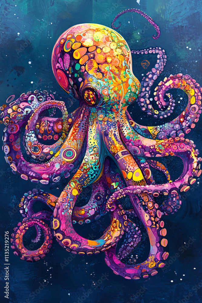 Poster illustration of a vibrant abstract octopus, its tentacles twisting and curling into intricate, flowi