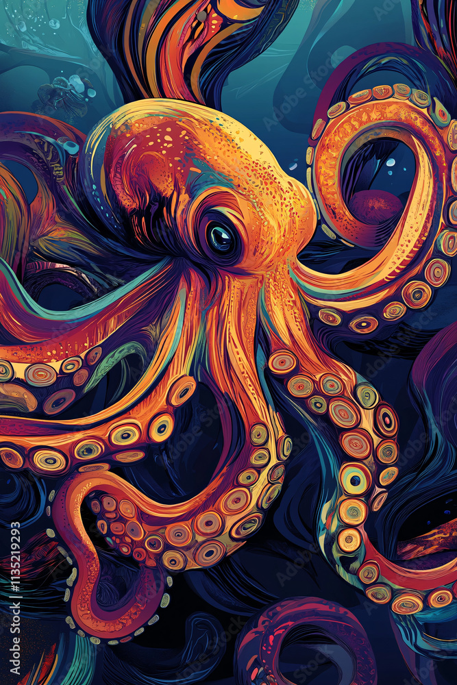 Poster illustration of a vibrant abstract octopus, its tentacles twisting and curling into intricate, flowi