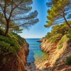 Beautiful small scene of a tipical mediterranean cove with turquoise calm waters, blue clear sky and a forest pine tree 