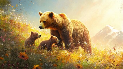 Brown bear mom and cubs in sunny meadow