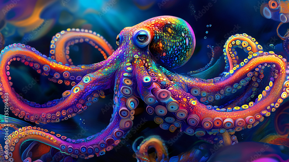 Poster illustration of a vibrant abstract octopus, its tentacles twisting and curling into intricate, flowi