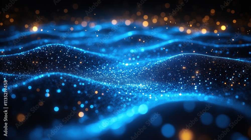 Poster abstract blue and gold particle wave background with bokeh lights