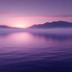 Naklejka premium Ethereal Purple Sunset over Foggy Lake with Silhouetted Mountains.