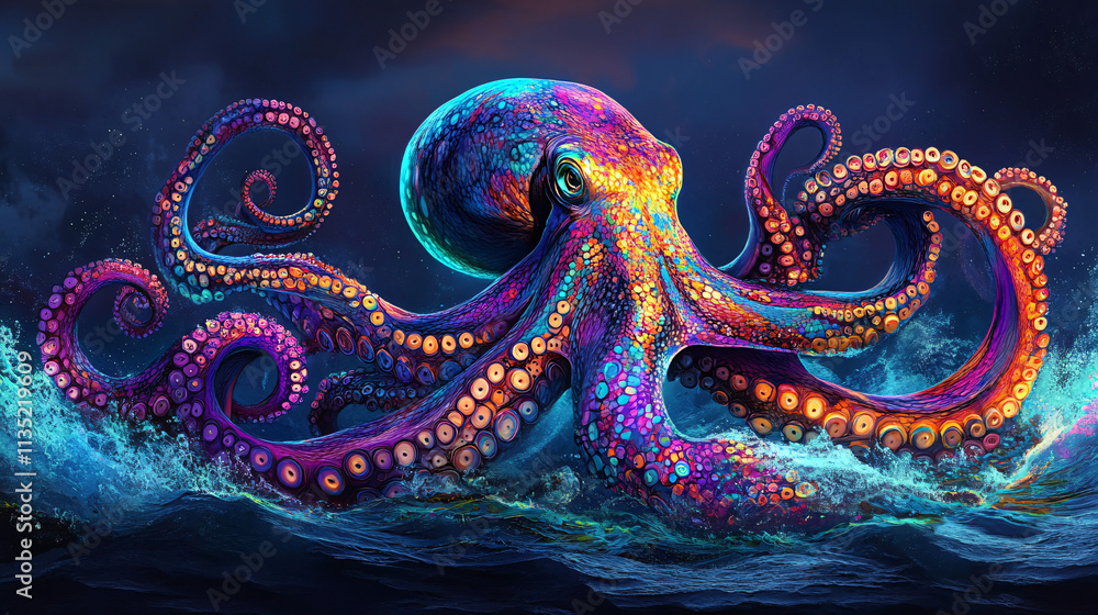 Poster illustration of a vibrant abstract octopus, its tentacles twisting and curling into intricate, flowi