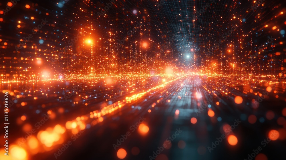 Poster abstract digital data stream network with glowing orange particles and grid on dark background.