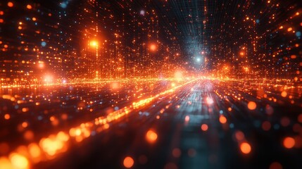 Fototapeta premium Abstract Digital Data Stream Network with Glowing Orange Particles and Grid on Dark Background.