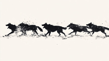 Illustration of a wolf pack depicted as silhouettes of abstract shapes, running across a stark, minimalist landscape. 