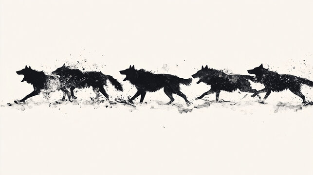Illustration of a wolf pack depicted as silhouettes of abstract shapes, running across a stark, minimalist landscape. 