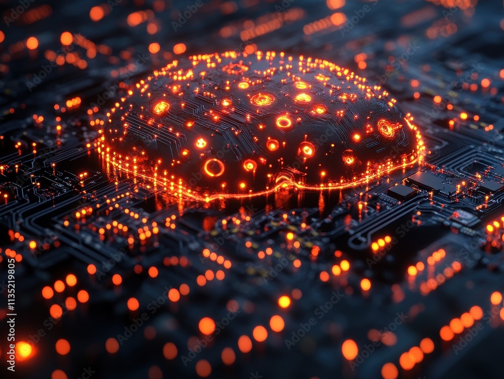 Poster glowing artificial intelligence brain on circuit board, abstract tech background.