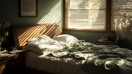 Soft morning light fills a cozy bedroom highlighting rumpled sheets and a serene atmosphere