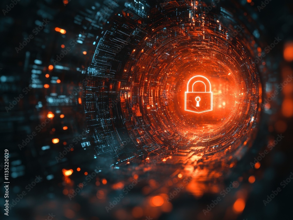 Aufkleber abstract digital security tunnel glowing padlock in a cybernetic network vortex