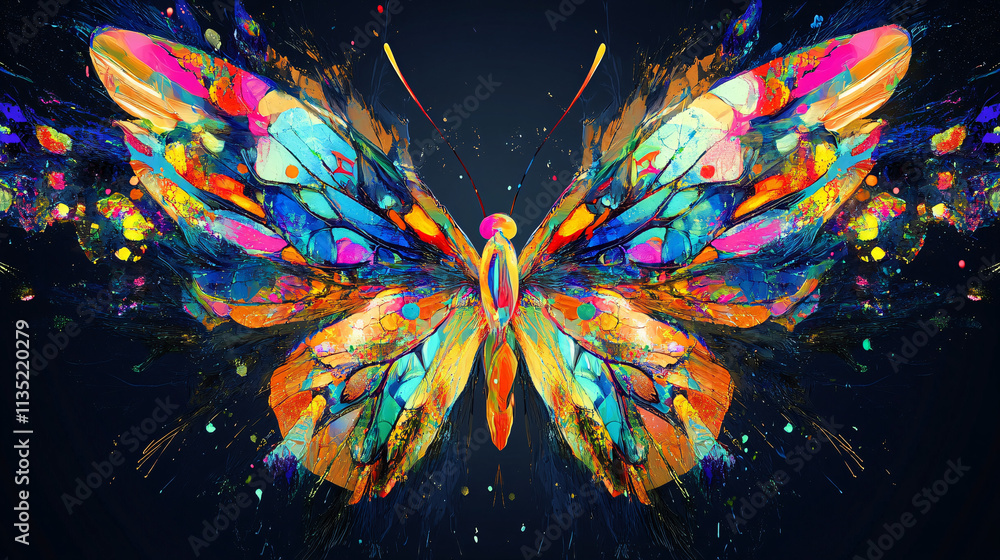 Poster illustration of an abstract butterfly, its wings composed of bright splashes of color and patterns r