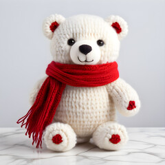 A cute knitted teddy bear made of white woolen threads in a red scarf sits on a white table