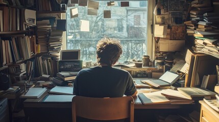 Focused individual working at a cluttered desk in a study filled with books and papers. Sunlight streams through a window.