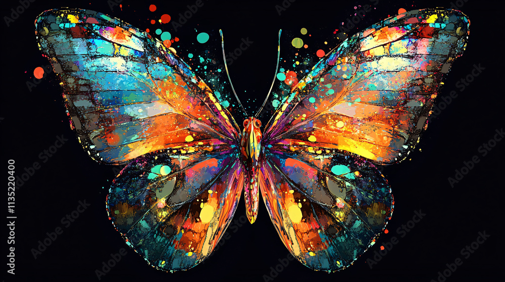 Poster illustration of an abstract butterfly, its wings composed of bright splashes of color and patterns r