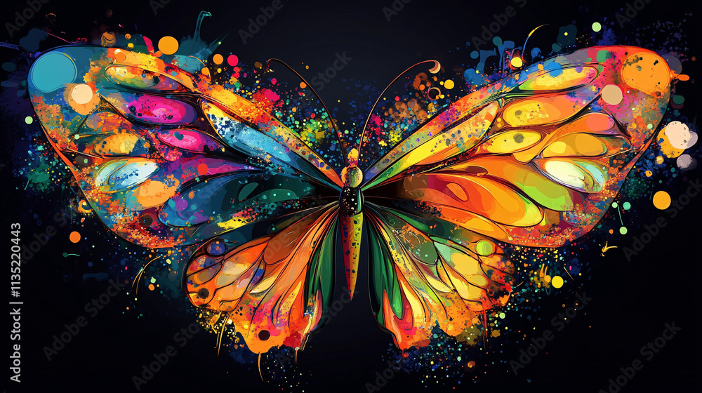 Poster illustration of an abstract butterfly, its wings composed of bright splashes of color and patterns r