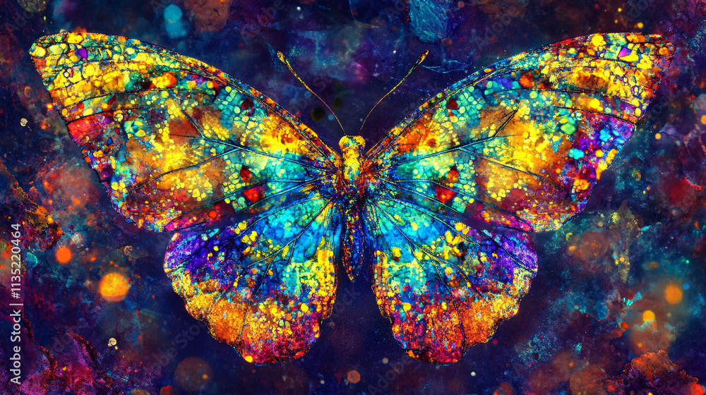 Poster illustration of an abstract butterfly, its wings composed of bright splashes of color and patterns r