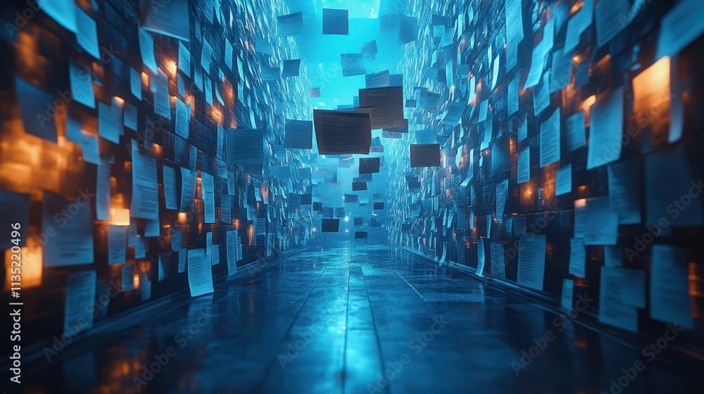 Poster abstract digital data stream with floating paper documents in a futuristic dark corridor.