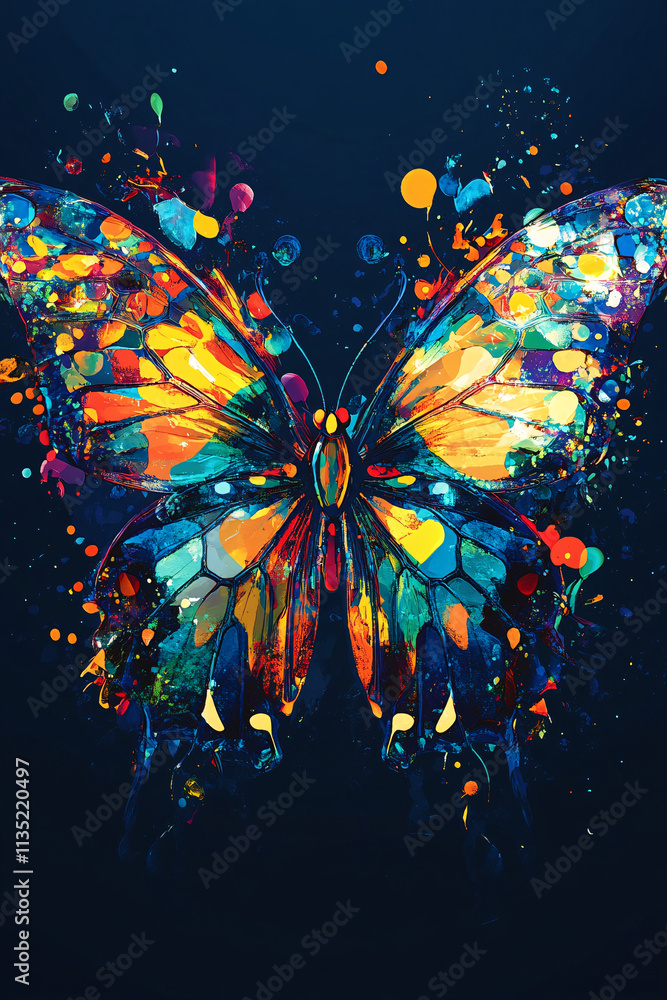 Poster illustration of an abstract butterfly, its wings composed of bright splashes of color and patterns r