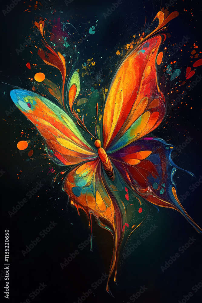 Poster illustration of an abstract butterfly, its wings composed of bright splashes of color and patterns r