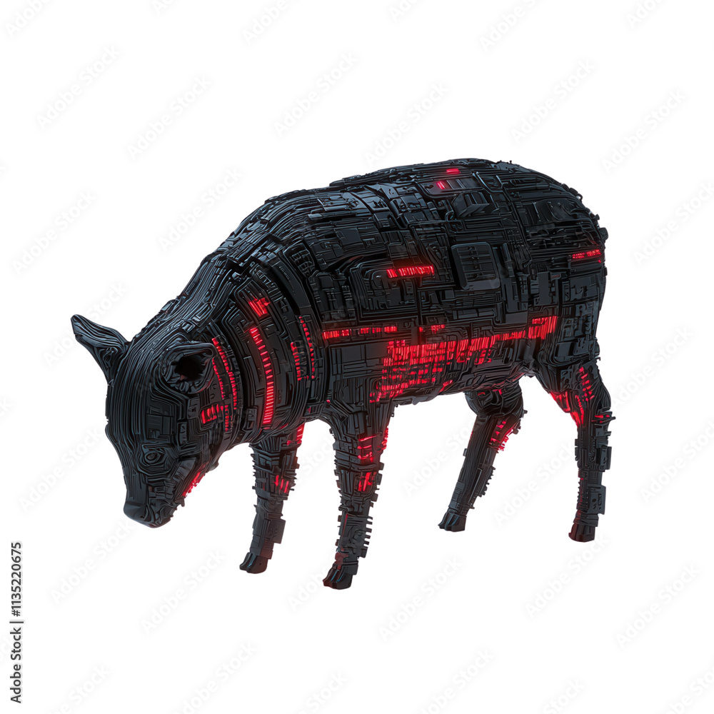 Poster a stylized, robotic representation of a pig, featuring intricate details and illuminated patterns in