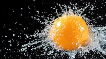 A vibrant orange egg yolk exploding in water with large splashes.