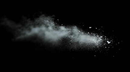 Fototapeta premium A delicate white dust cloud spreading across a pitch-black background, with fine particles floating and creating an ethereal and mysterious visual effect