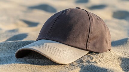 Gray beige baseball cap on the beach sand.