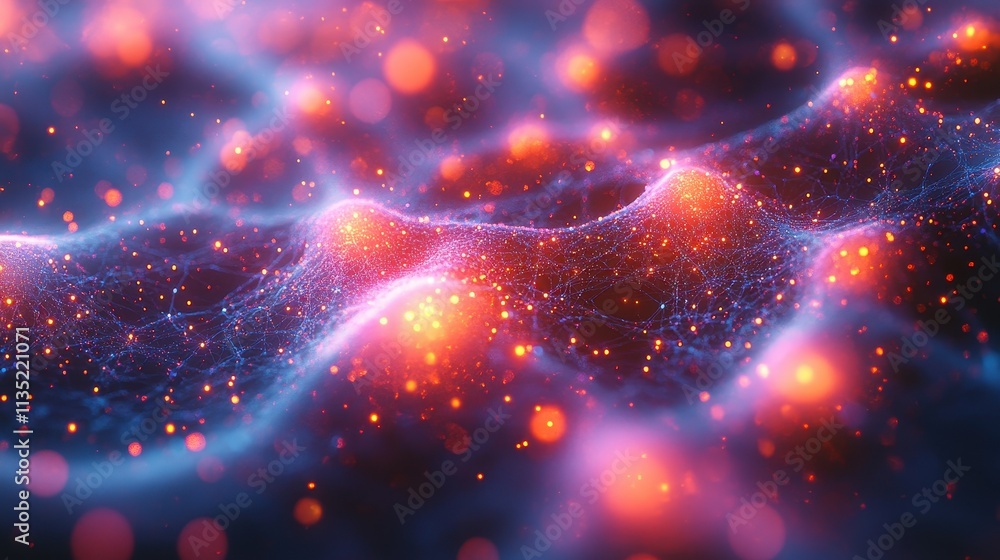 Poster abstract 3d network with glowing particles, red and blue waves of light.