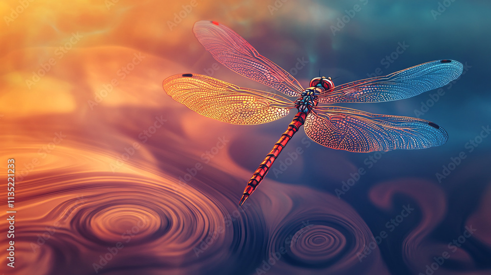 Poster illustration of an abstract dragonfly, its wings composed of intricate, delicate patterns, hovering 