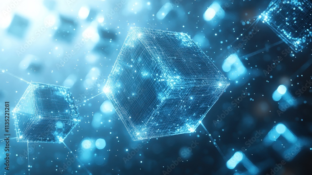 Poster abstract digital blockchain network glowing cubic structures and connecting lines in a blue haze.