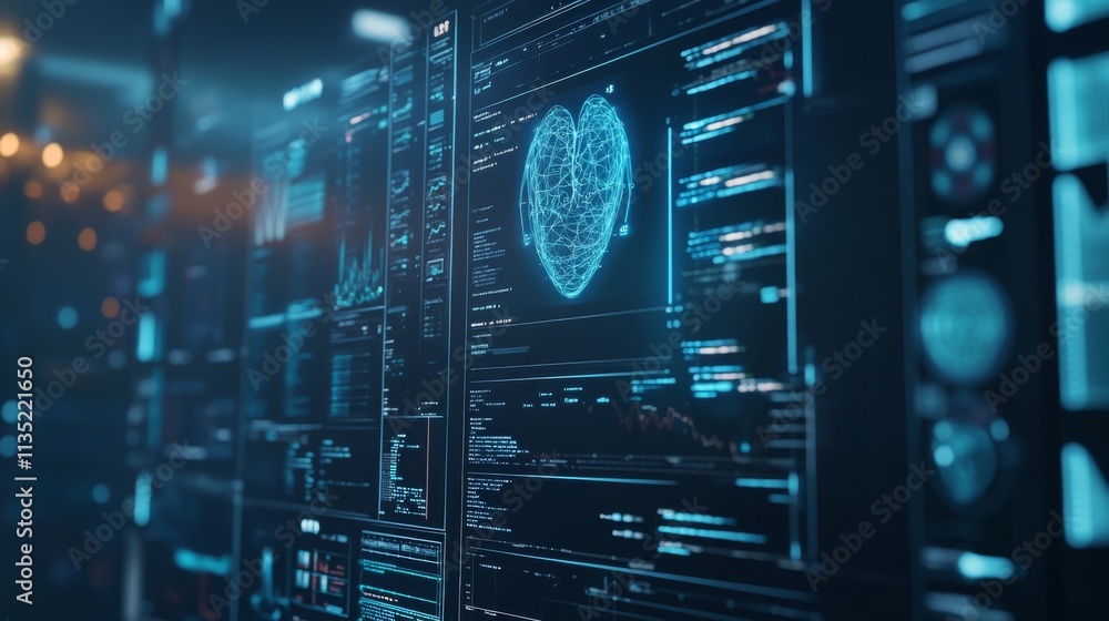 Poster a digital heart is showcased on a futuristic interface filled with data, highlighting advanced techn