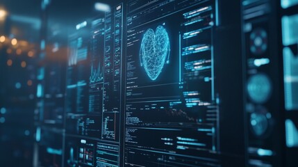 Fototapeta premium A digital heart is showcased on a futuristic interface filled with data, highlighting advanced technology in healthcare, medical diagnostics, and AI innovations. Ideal for tech and medical themes.. AI