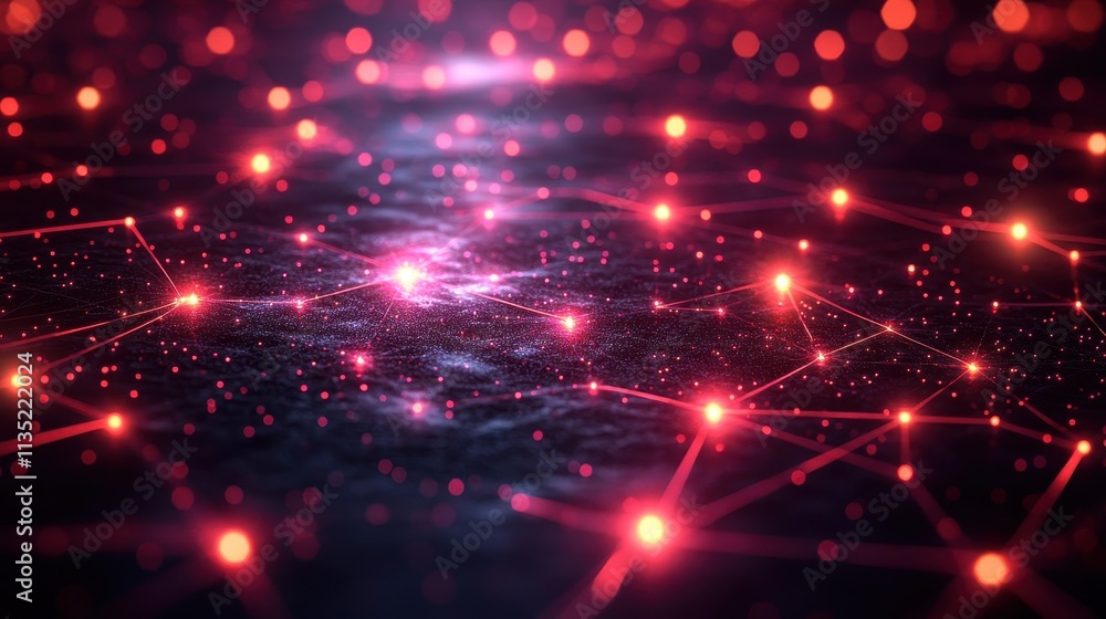 Poster abstract red network of connected glowing nodes on a dark textured surface, technology background.