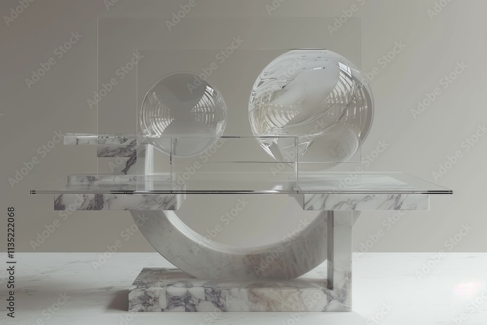 Poster harmonious balance of 3d geometric shapes exploring glass and stone elements in design