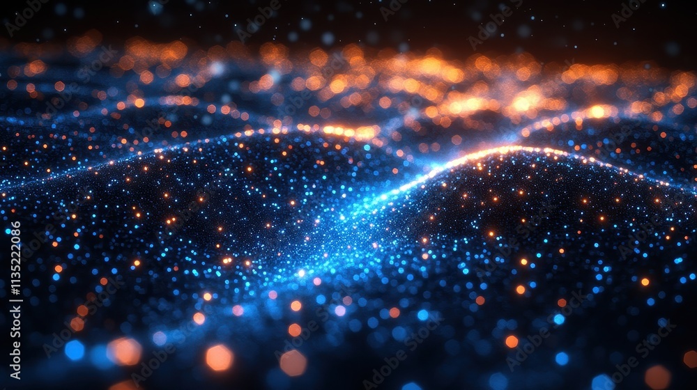 Poster abstract glowing particle wave with blue and orange bokeh effect on dark background.