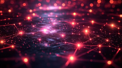 Fototapeta premium Abstract Red Network of Connected Glowing Nodes on a Dark Textured Surface, Technology Background.