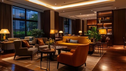 Fototapeta premium Elegant Evening Lounge Featuring Modern Furniture and Warm Lighting