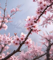 Obraz premium Soft pink colors merging with blooming plum blossoms, landscape, pink