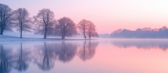 Fototapeta premium Serene winter sunrise over calm lake reflecting leafless trees in pastel colors.