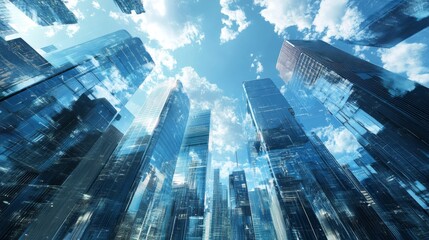 High-rise glass skyscrapers against a vivid blue sky, reflecting the surrounding architecture. The image captures the modernity and elegance of urban landscapes, perfect for business or architectural
